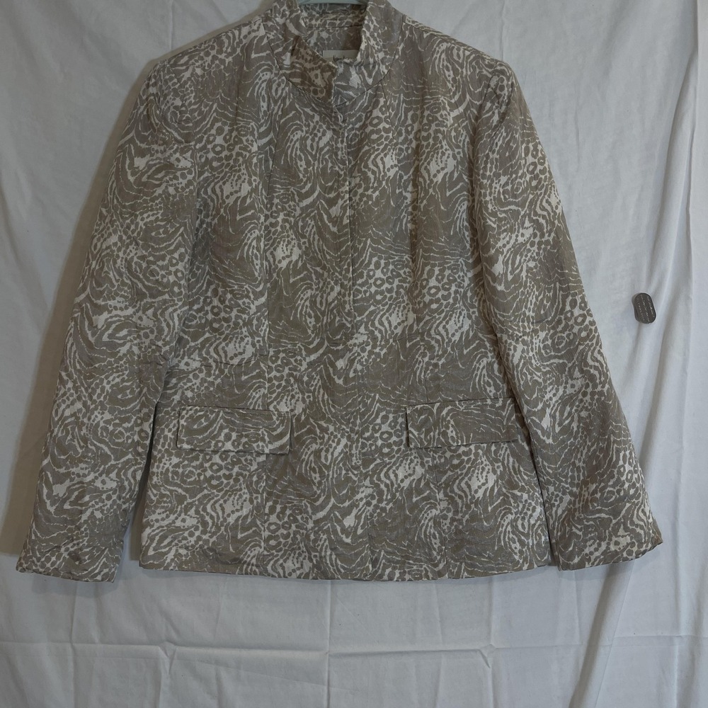 Neiman Marcus Jacket Womens 14 Beige White Animal Print Silk Cotton Blend USA